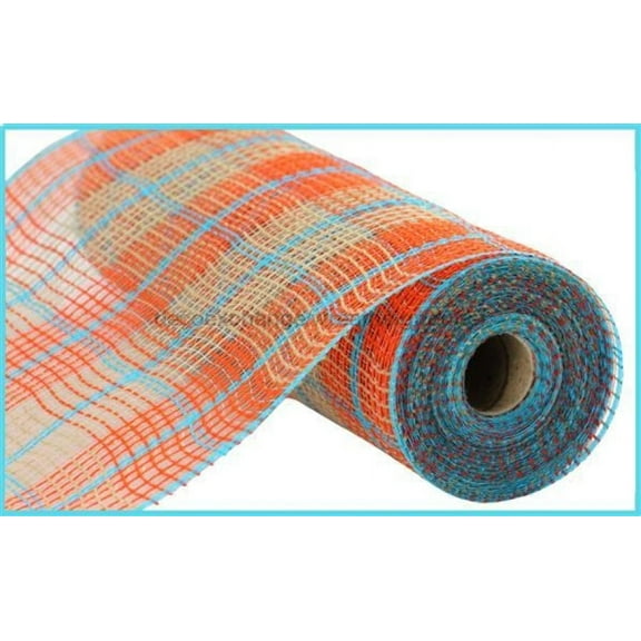 10.25"X10Yd Faux Jute/Lg Plaid Mesh Orange/Natural/Turquoise RY8331X4