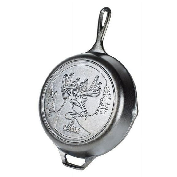 10.25 in. Wildlife Series-Whitetail Buck Cast Iron Skillet, Black