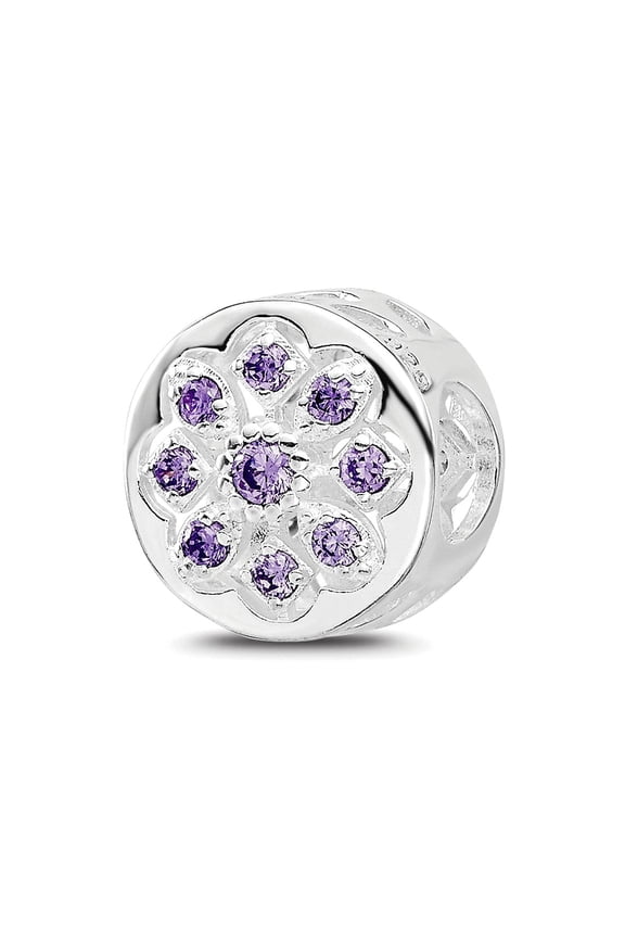 10.25mm 925 Sterling Silver Reflections Rhodium Plated Purple Clear Cubic Zirconia Floral Reverse Bead Charm Pendant Nec