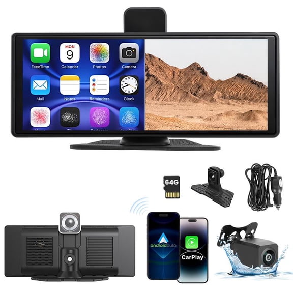 10.26" Car Display Screen with CarPlay & Android Auto, 4K Front Dash Cam + 1080P Backup Camera, IPS HD Touch, Bluetooth, FM, AUX, Universal Fit for Cars & Trucks
