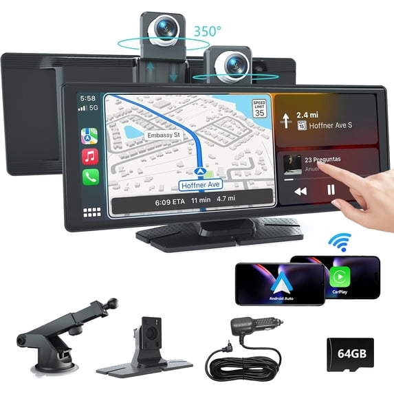 10.26" HD Carplay Screen for Car, Portable Wireless Apple Android Auto Car Play Stereo Car Audio Receivers with Voice Control, Backup Camera, Mirror Link, Bluetooth, GPS Navigation
