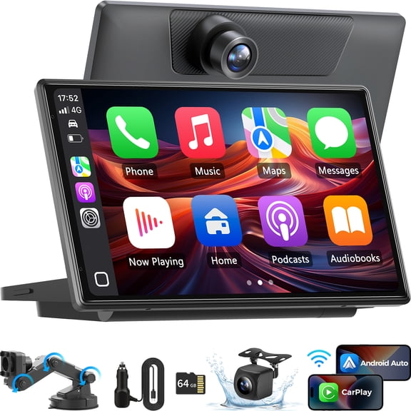 9 Inch Carplay Screen for Car with 4K Dash Cam & 1080P Backup Camera, Wireless Carplay & Android Auto, Bluetooth, GPS Navigation, Mirror Link, Voice Control, Carplay Tablet for All Vehicles