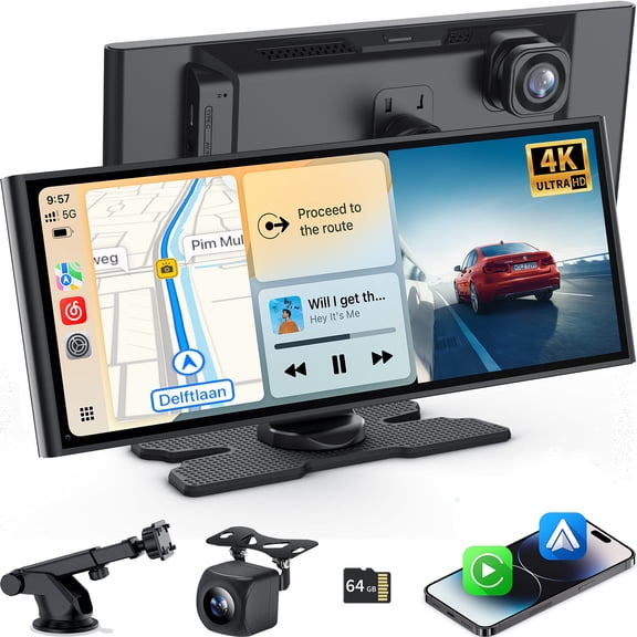 9 Inch Carplay Screen for Car with 4K Dash Cam & 1080P Backup Camera, Wireless Carplay & Android Auto, Bluetooth, GPS Navigation, Mirror Link, Voice Control, Carplay Tablet for All Vehicles