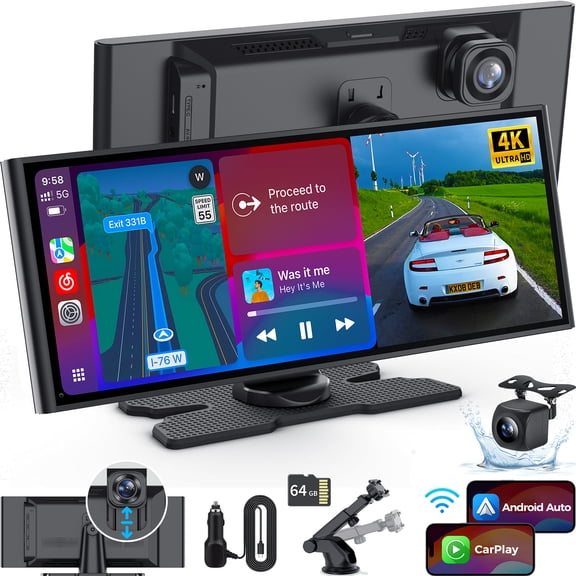 10.26 Inch Carplay Screen for Car with 4K Dash Cam & 1080P Backup Camera, Wireless Carplay & Android Auto, Bluetooth, GPS Navigation, Mirror Link, Voice Control, Carplay Tablet for All Vehicles