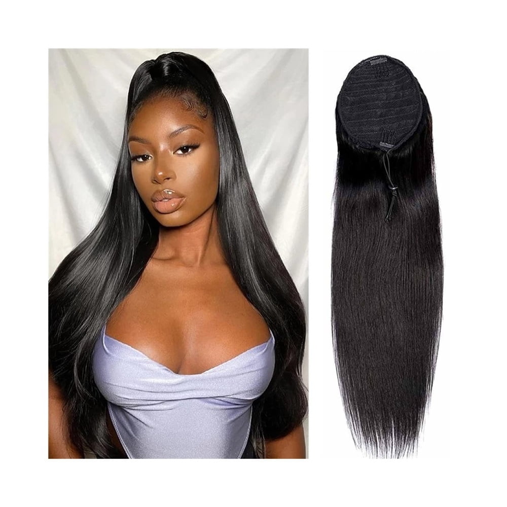 10-26 Inch Long Drawstring Ponytail Extension Natural Color Straight Pony Tail Clip in Remy Hair Piece for Black Women