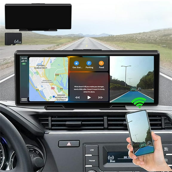 10.26-Inch Touchscreen Dash Cam with GPS Navigation, Full HD 1080P Recording and Phone Sync – Voice Control, 64GB Card Included for Real-Time Traffic Updates