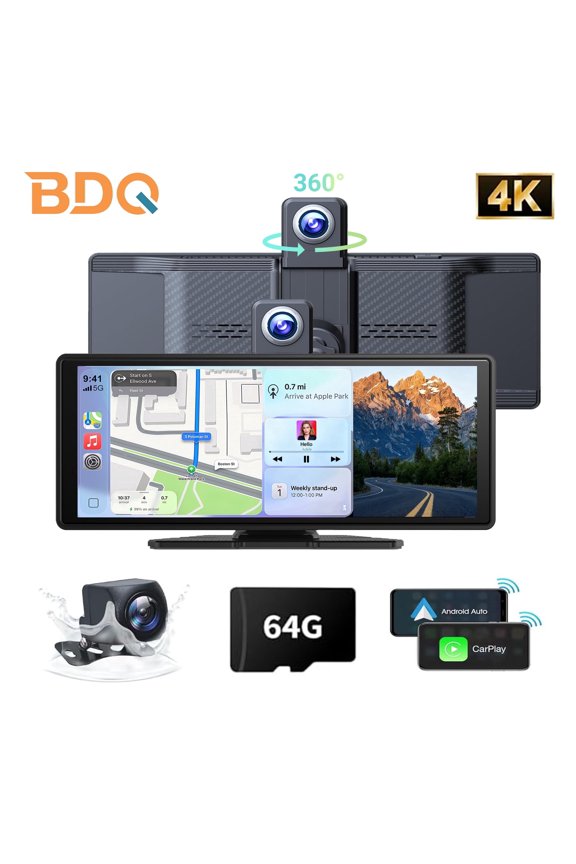 10.26" Portable Wireless CarPlay Screen for Car, Android Auto Display with 1080P Backup Camera, GPS, Bluetooth Touchscreen