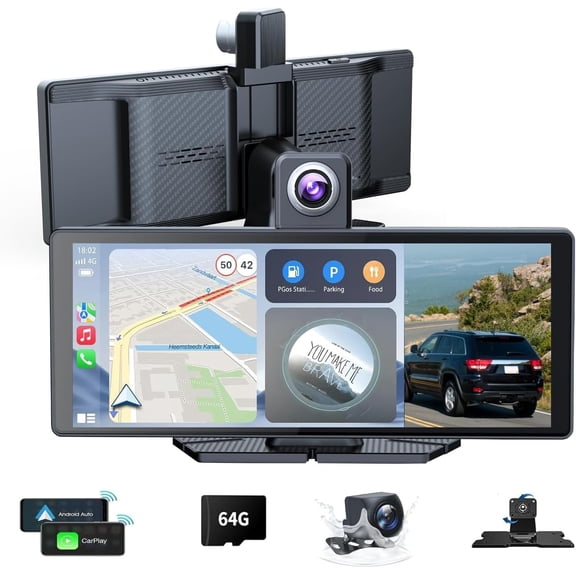 10.26" Portable Screen & Stereo 360 Rotation 4K Dash Cam 1080p Rear Camera Mirror Link Voice Control, GPS Navigation, FM Radio Receiver (Black)