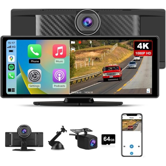 10.26" Screen for Portable, & Stereo, Touchscreen GPS Navigation 4K Dash Cam/1080P Backup Camera/Mirror Link//Voice Control