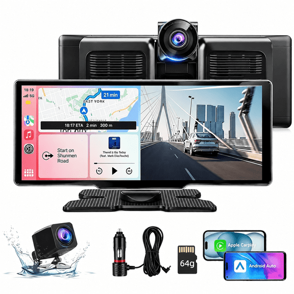 10.26" Smart Car Display for Car, Portable HD Touchscreen Car Stereo Upgrade with Wireless Apple CarPlay & Android Auto, 4K Dash Cam, Backup Camera, GPS Navigation, Voice Control