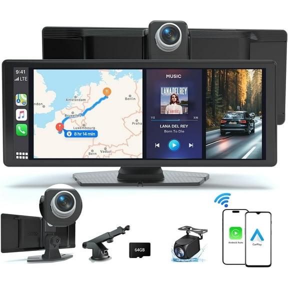 10.26" Wireless Apple CarPlay & Android Auto Screen for Car with 4K Dash Cam, 1080p Backup Camera, Bluetooth, GPS Navigation, Voice Control, Mirror Link, Portable Car Stereo Fits All Vehicles