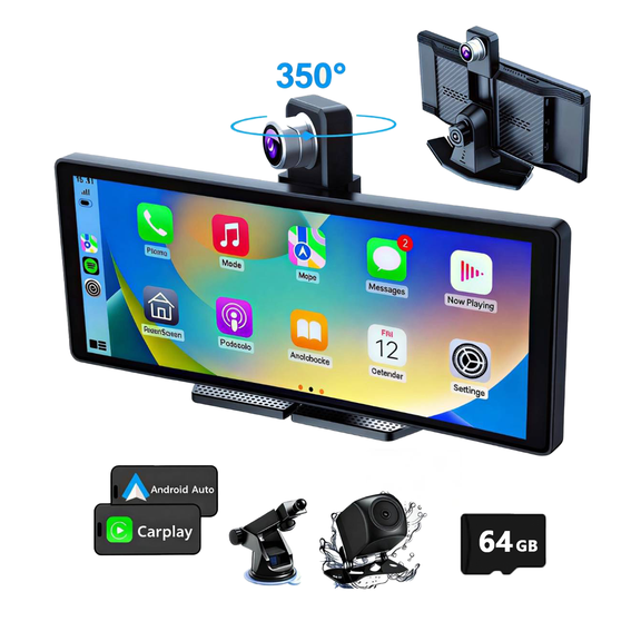 10.26" Wireless CarPlay Screen with 350 Rotatable 4K Dash Cam , Portable Car Stereo with Android Auto, 1080p Backup Camera, Bluetooth /GPS Navigation/Mirror Link/AUX,WiFi APP Control