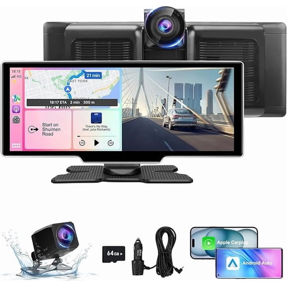 10.26" Wireless Carplay Screen for Car with 4K Dash Cam | Portable Car Play & Android Auto Touch Screen, 1080p Backup Camera, Mirror Link, Voice Control, GPS Navigation | for All Cars