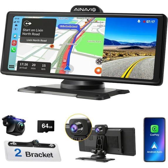 10.26-inch Portable Car Stereo with 4K Driving Recorder, Wireless Dashboard Mounted Apple Carplay and Android Auto, Drive Car Play Screen with Backup