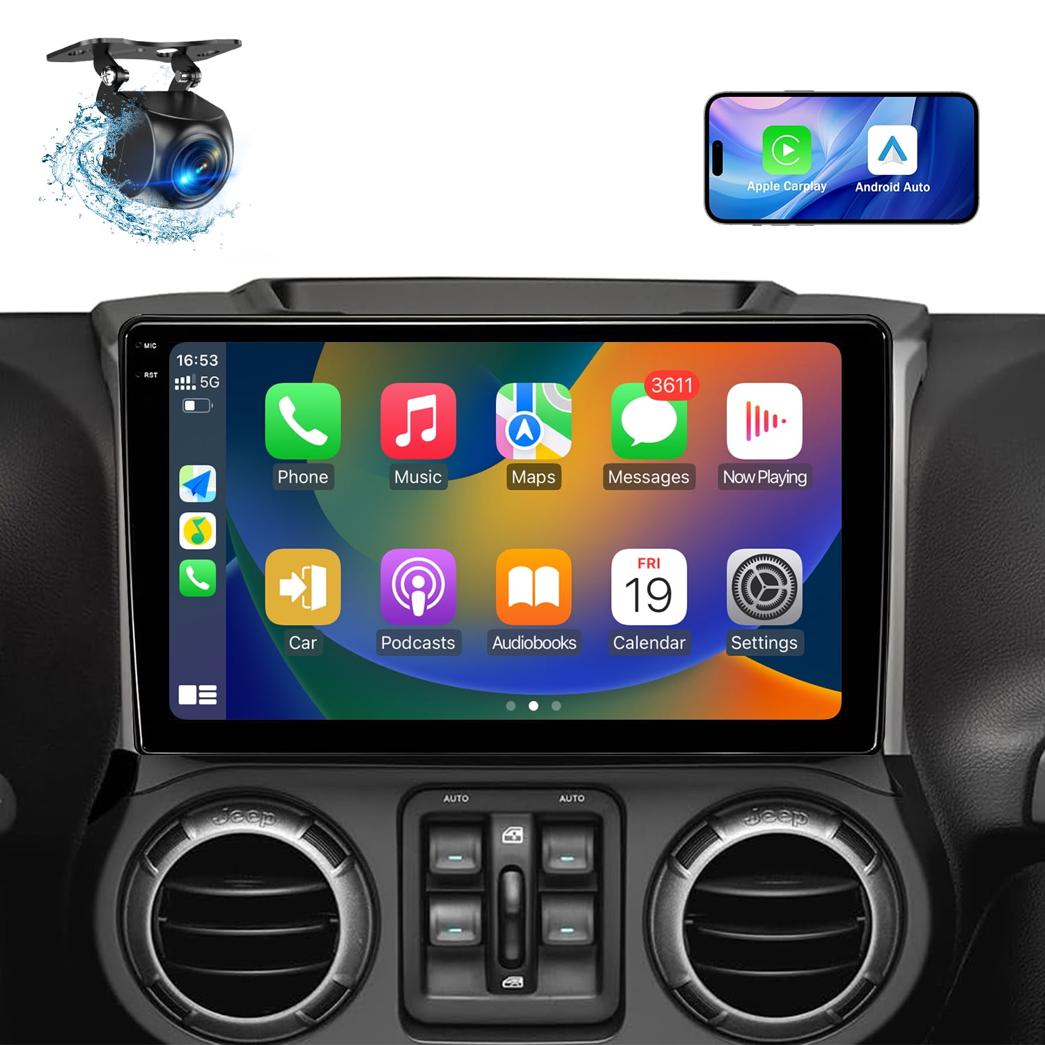 10.1" Android 13 Car Stereo For Jeep Wrangler JK & Dodge Ram — Wireless CarPlay, Android Auto, GPS, Backup Camera