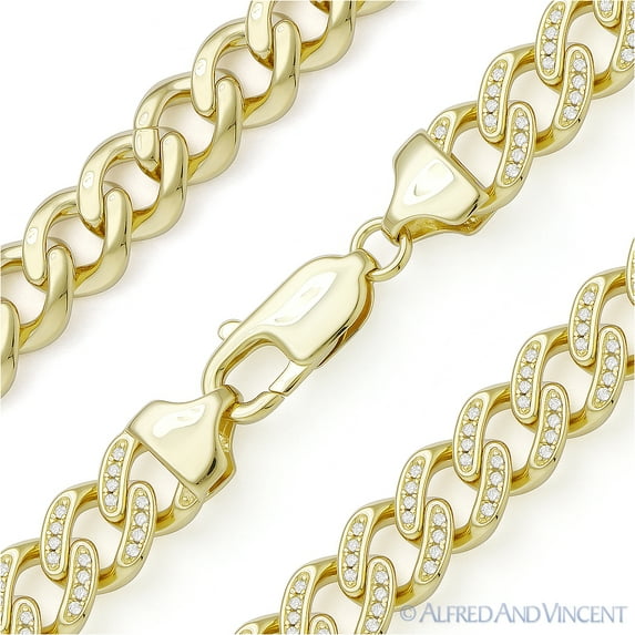 10.2mm Cuban / Curb Link & CZ Crystal Pave Chain Necklace in 14k Yellow Gold Plated .925 Sterling Silver