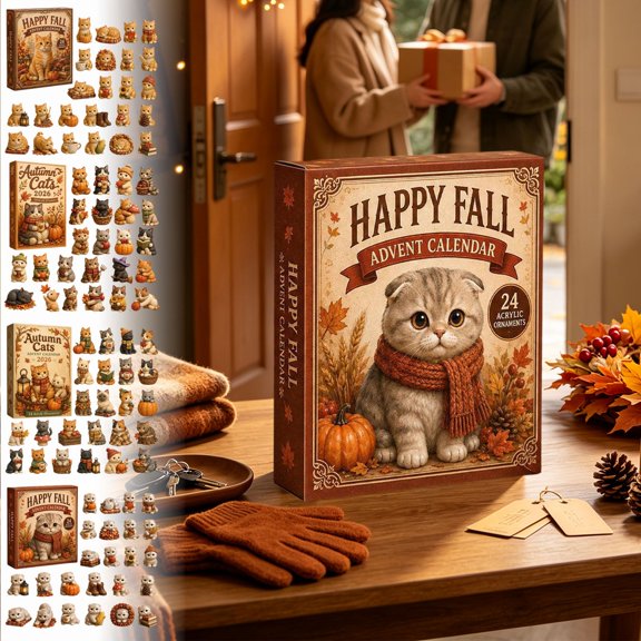 10.2x7x1.1in Happy Fall Cat Advent Calendar, 24PCS Acrylic Kitty Fall Ornaments, Thanksgiving Countdown Decor & Gift