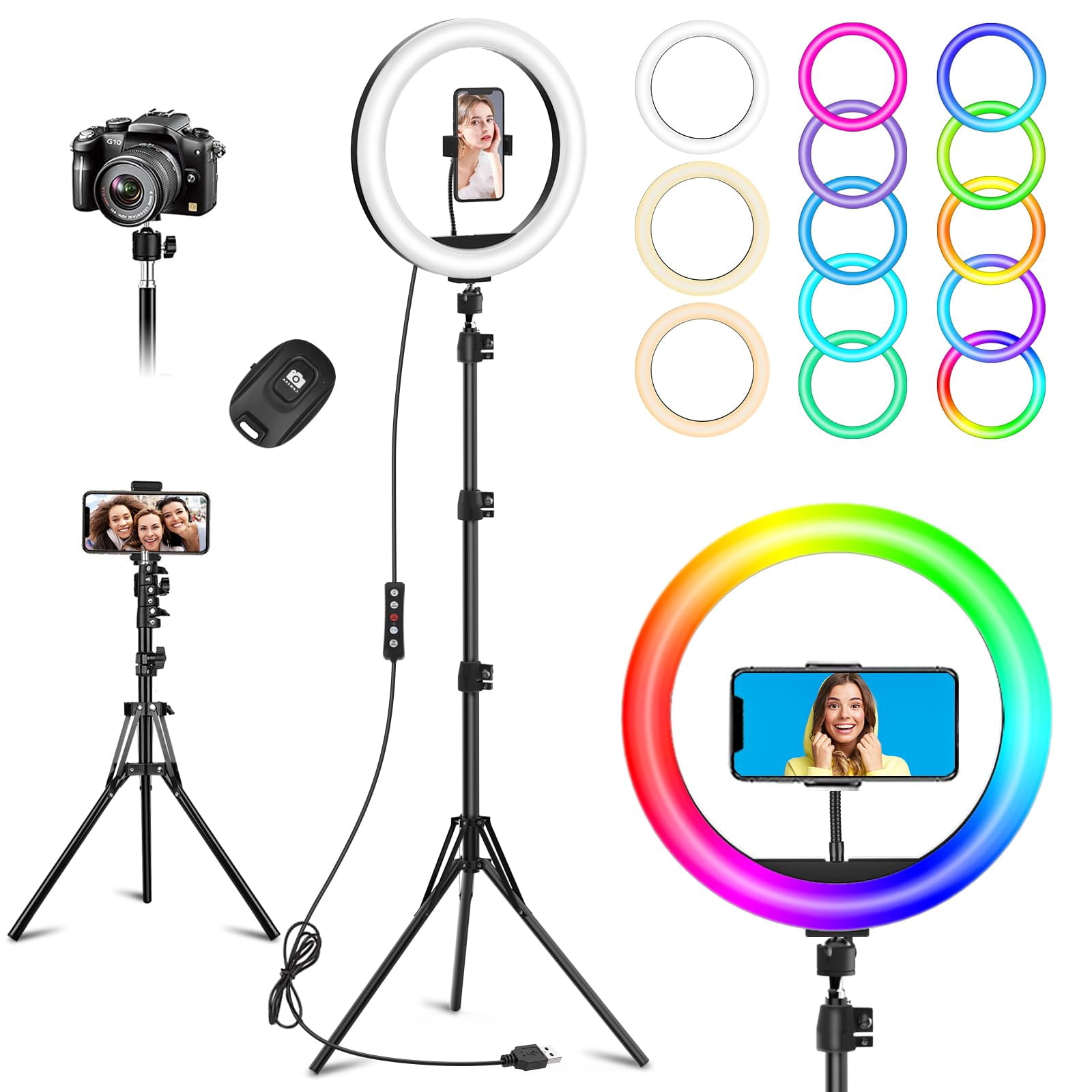 10.3" Selfie Ring Light With Stand And Phone Holder  Desk Tripod 29 Rgb Lighting Modes Remote For &android Camera. Led Halo Photo Video Recording Tiktok. Circle Ringlight Dimmable