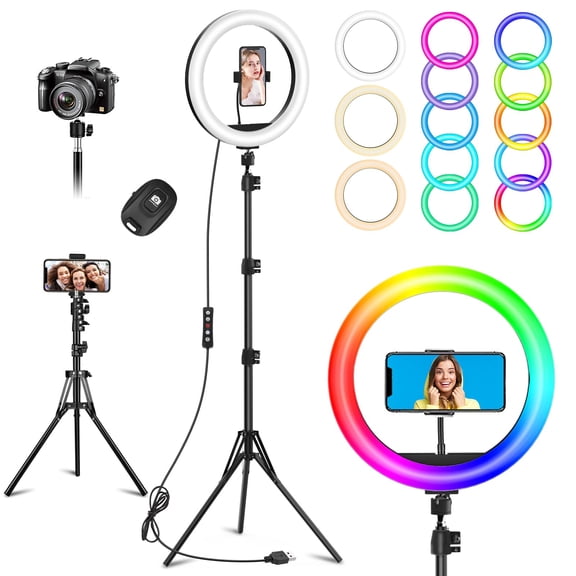 10.3" Selfie Ring Light With Stand And Phone Holder Desk Tripod 29 Rgb Lighting Modes Remote For &android Camera. Led Halo Photo Video Recording Tiktok. Circle Ringlight Dimmable