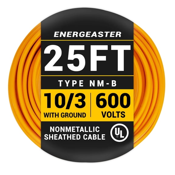 Energeaster 10/3 NM-B Orange Cu Electrical Wire, 25 ft Length 600V with Ground, UL Listed, Heavy-Duty PVC Insulated Cable for Residential Indoor Wiring