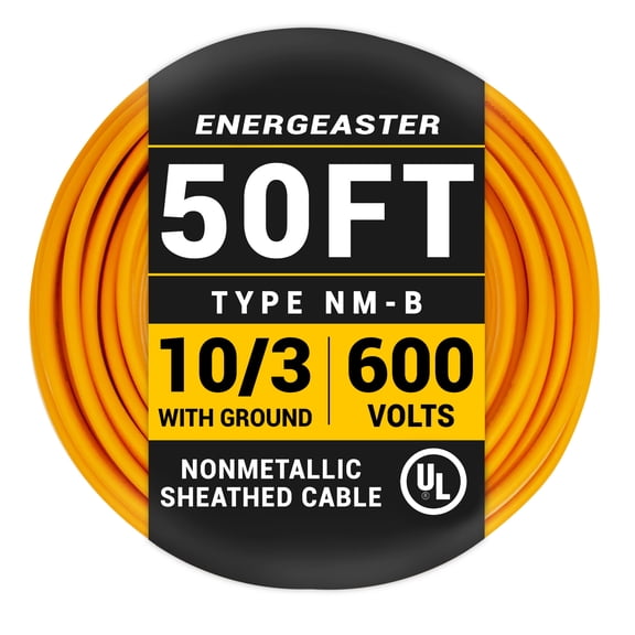 Energeaster 10/3 NM-B Orange Cu Electrical Wire, 50 ft Length 600V with Ground, UL Listed, Heavy-Duty PVC Insulated Cable for Residential Indoor Wiring
