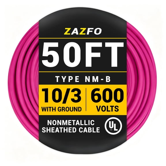 ZAZFO 10/3 NM-B Pink Cu Electrical Wire, 50 ft Length 600V with Ground, UL Listed, Heavy-Duty PVC Insulated Cable for Residential Indoor Wiring
