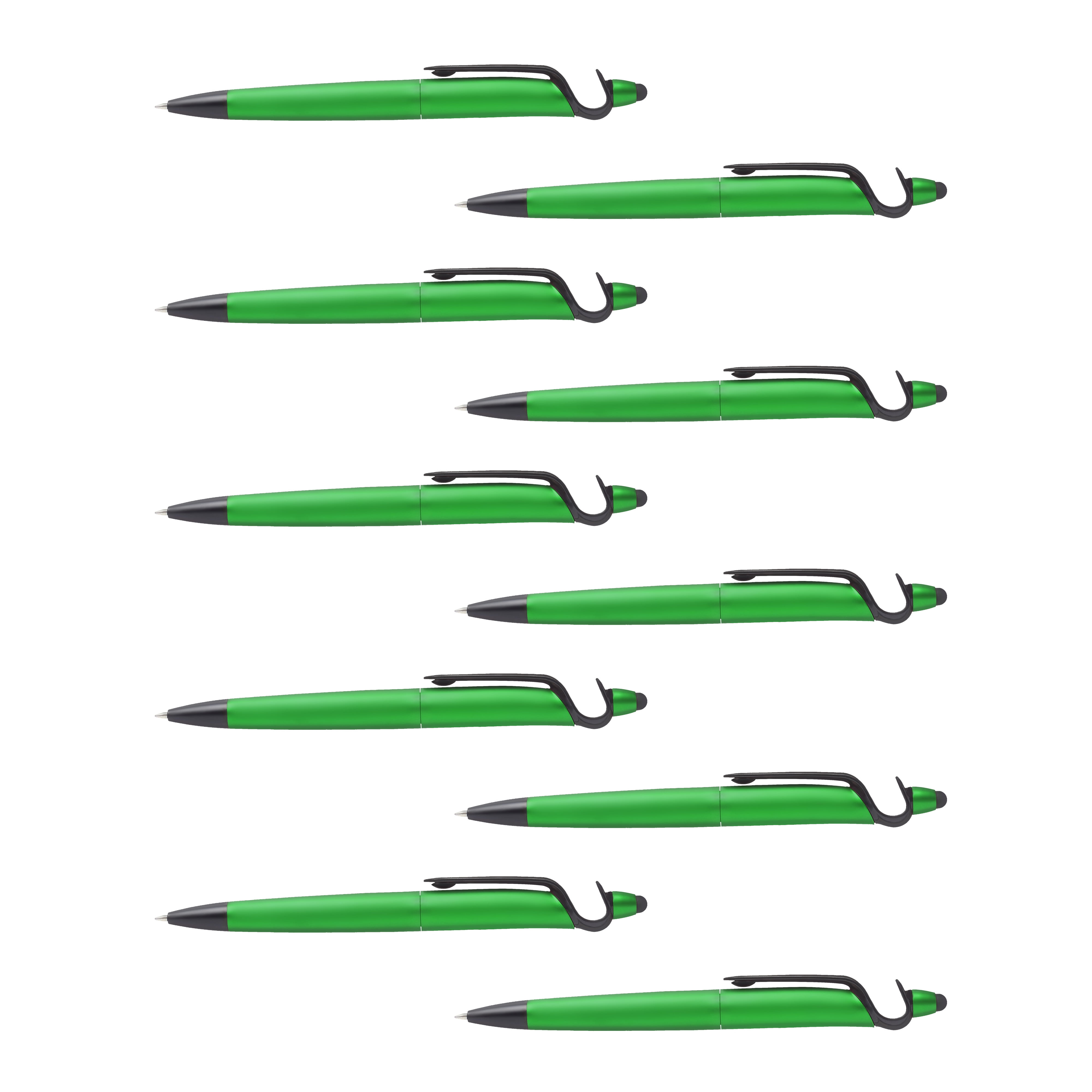 10 3-in-1 Plastic Pens with Stylus and Cell Stand Pack - Plastic, Ballpoint, Black Ink - Green