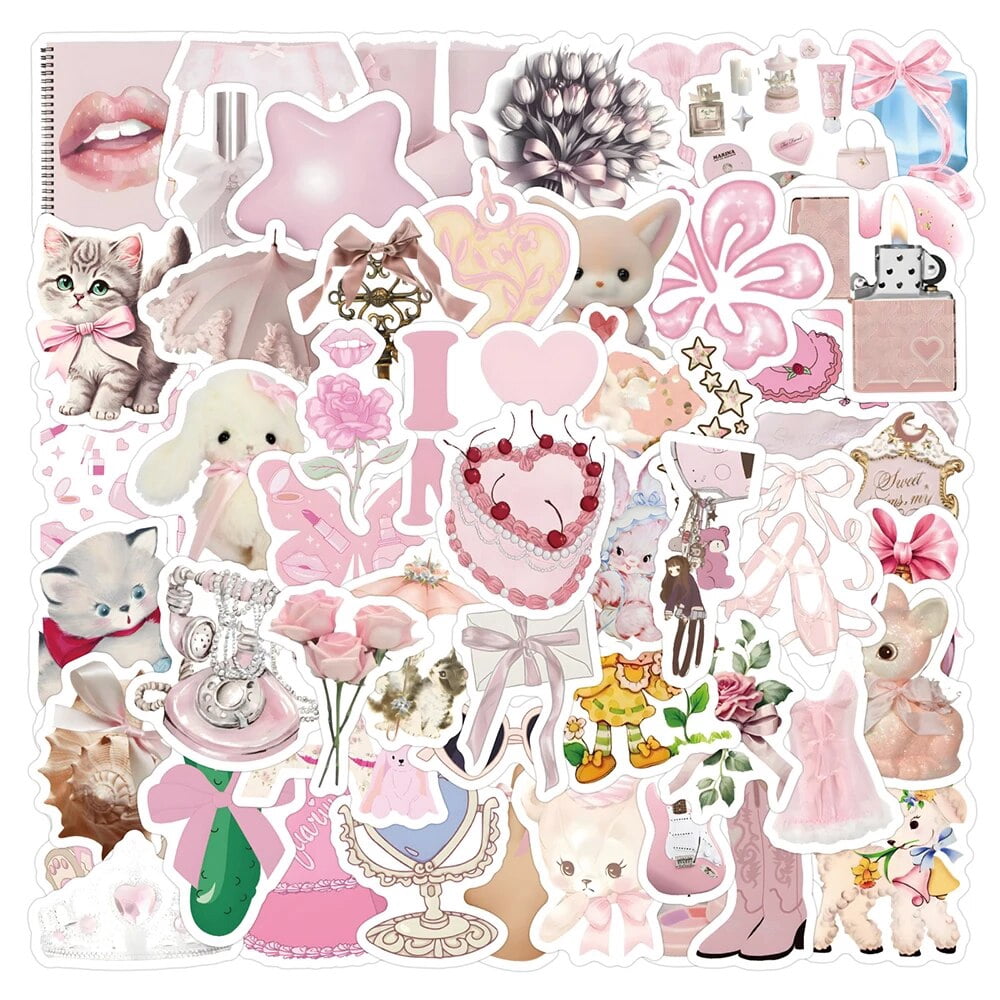 BOXOB 60pcs Pink Bow Stickers - 6 Sheets, 30 Cute Designs, Waterproof Decals For Water Bottles, Laptops, Journals