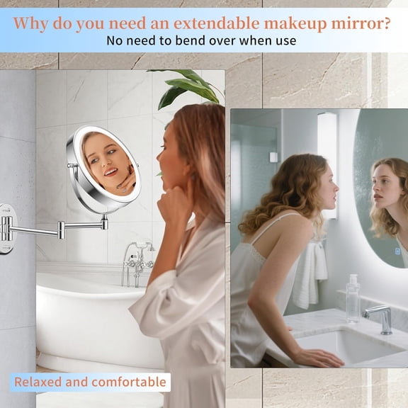 10" 30X/1X Wall Mounted Lighted Makeup Mirror, 5000mAh Rechargeable Double Sided Magnifying Bathroom Mirror, 3 Color Modes Touch Dimmable Extended Arm 360 Rotation with Adapter,Chrome