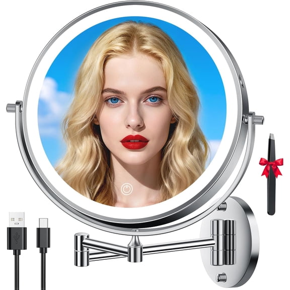 10'' 30X/1X Wall Mounted Lighted Makeup Mirror, 5000mAh Rechargeable Double-Sided Magnifying Mirror with Light, LED Vanity Mirror Touch Dimmable 3 Colors 360° Rotation Extended Foldable Arm, Chrome