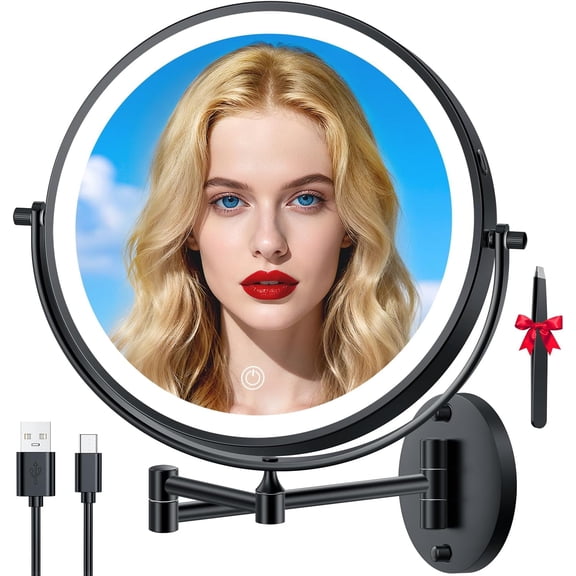 10" 30X/1X Wall Mounted Lighted Makeup Mirror, 5000mAh Rechargeable, LED Vanity Mirror, 3 Color Dimmable, 360° Swivel, Black