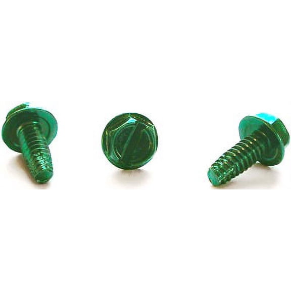 10-32 x 1/2" Type F Grounding Thread Cutting Screws / Slotted / Hex Washer Head / Steel / Zinc Green - 7000 Piece Carton