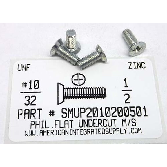#10-32x1/2 Undercut Flat Head Phillips Machine Screws Steel Zinc Plated (500)