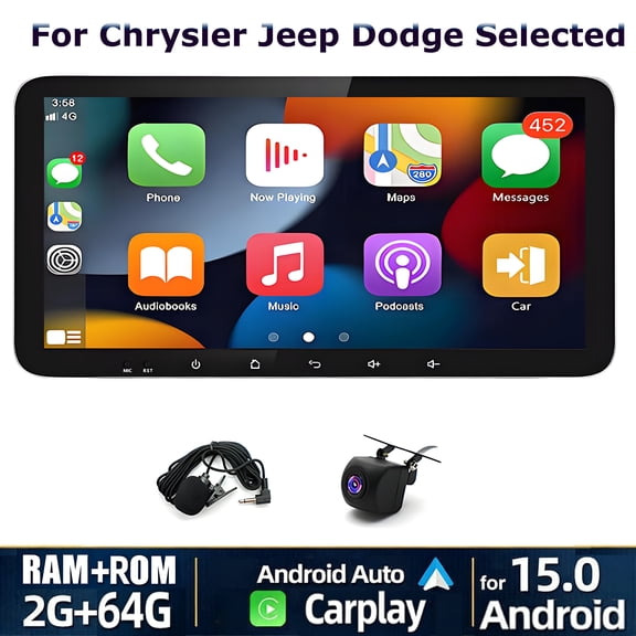 10.33 Inch Android 15 Car Stereo Radio for Chrysler Jeep Dodge with Wireless CarPlay and Android Auto GPS Navi BT 5.0 WiFi Support Backup Camera 2+64G