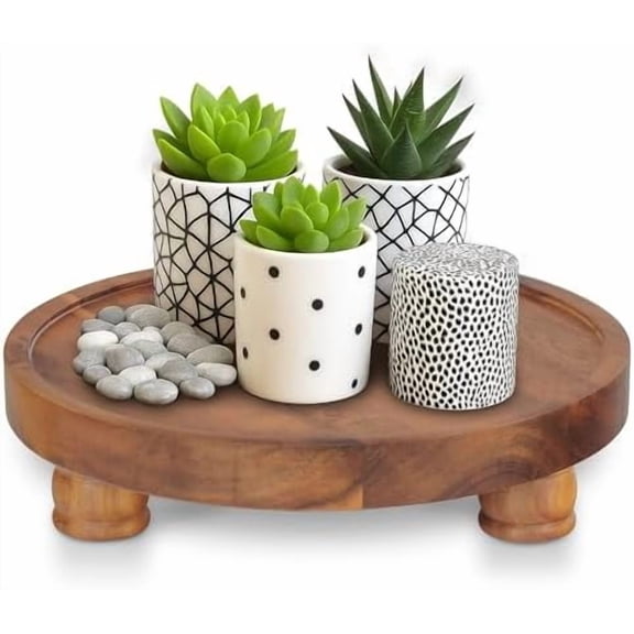 10" Acacia Wood Round Tray - Decorative Plant Stand, Farmhouse Countertop Organizer, Multi-Purpose Display Pedestal, Riser Board for Soap, Perfume, Candles, Sponge, Bathroom, Kitchen