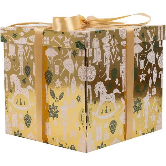 10" Large Christmas Gift Box with Lid and Ribbon, Gold Gift Box with Paper Filler for Holiday Xmas Presents Wrapping.