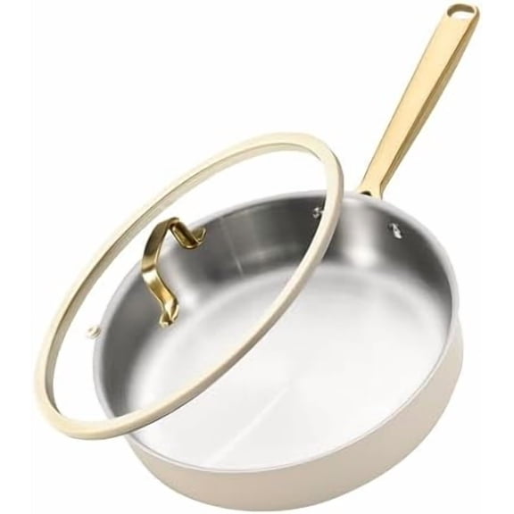 10" Stainless Steel Frying Pan with Lid, Outer Ceramic Layer, Non-Toxic, Even Heating，Oven Safe, Induction, Ceramic and Gas Cooktops Compatible, White