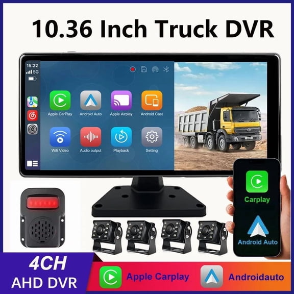 10.36" Four Channel Recorder Monitor Touch Wireless Carplay Split Screen Truck Bus DVR Black Box For AHD 1080P Reverse Night Vision Backup Camera