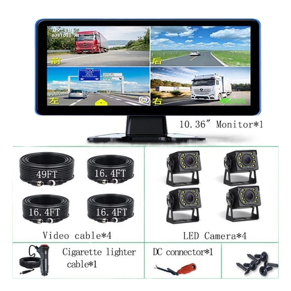 10.36 Inch Touch 4 CH Split Screen Car DVR Recorder Monitor Recorder With AHD Backup Camera For RVs/Truck/Bus/Pickups/Trailer