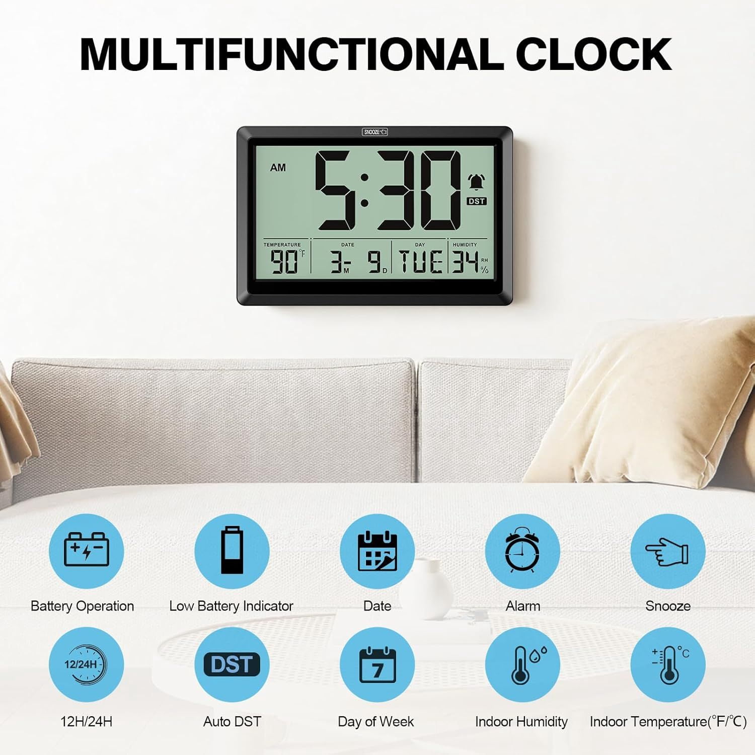 10.4 Inch Digital Wall Clock, Battery Operated Large Display Clock, Digital Calendar with Indoor Temperature/Humidity/Date/Day, Auto DST for Classroom, Livingroom, Office(No Backlight)