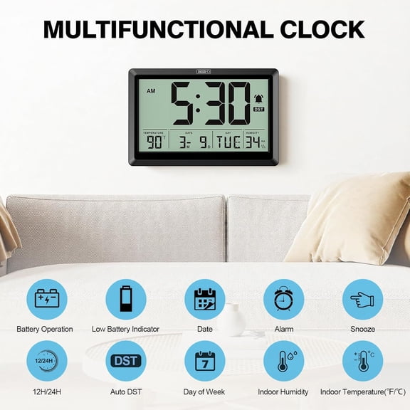 10.4 Inch Digital Wall Clock, Battery Operated Large Display Clock, Digital Calendar with Indoor Temperature/Humidity/Date/Day, Auto DST for Classroom, Livingroom, Office(No Backlight)
