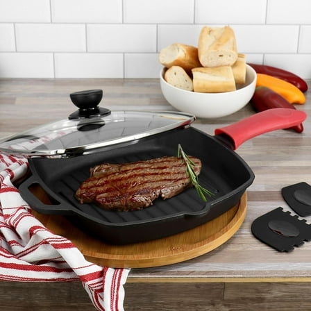 10.4 Inch Pre-Seasoned Cast Iron Griddle with Tempered Glass Lid for Indoor and Outdoor Cooking