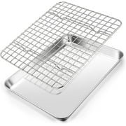10.4 Inch Toaster Oven Pan with Rack Set, RUseeN Stainless Steel Small Baking Pan Tray and Grid Cooling Rack for Cooking / Roasting, Dishwasher Safe & Easy to Clean, Non-toxic & Durable