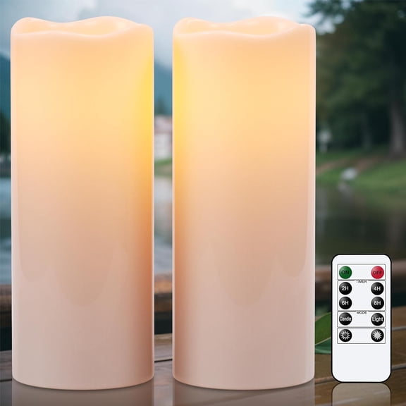 10"4" Large Waterproof Outdoor Flameless Candles Remote and Timer, Battery Operated White Plastic LED Flickering Pillar Candles 2 Pack for Dinner Wedding Porch Garden Lanterns Home Decor