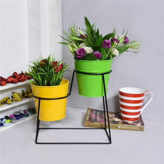 10.4 x 4.5 x 8.9 in. Handmade 100 Percent Iron Round Modern Planters Pot, Yellow & Green Coated