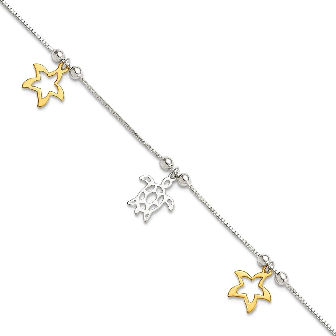 10.45mm 925 Sterling Silver Gold Tone Turtle and Sea shell Nautical Starfish Plus 1in Extension Anklet 9 Inch Anklet for
