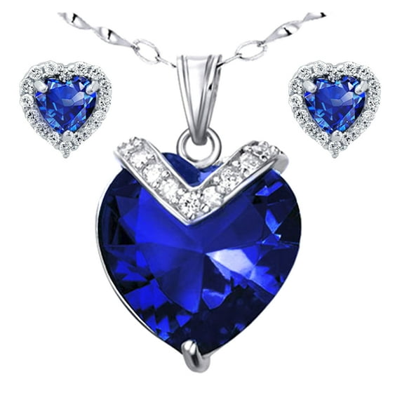 10.4Carat TCW Heart cut Gemstone Created Blue Sapphire 925 Sterling Silver Necklace Pendant and Earrings 3 Pieces Jewelry Set
