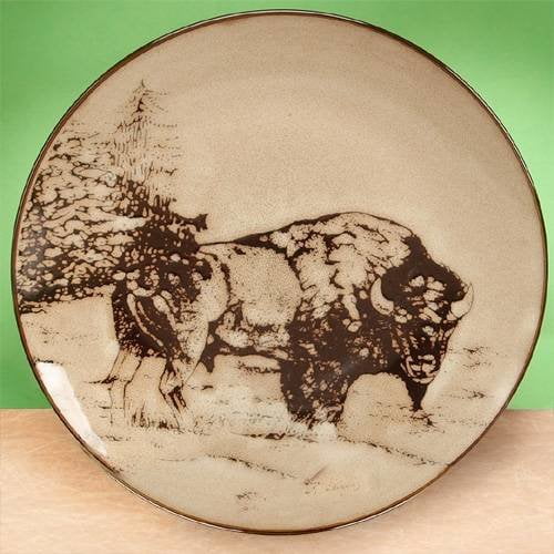 10.5 Inch Bison with Wood Scene Ceramic Dinner Plate, Brown and Tan