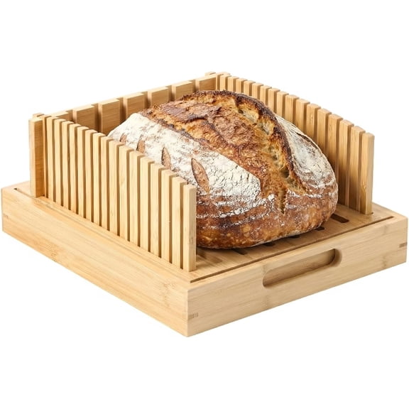 10.5" Bamboo Bread Slicer for Homemade Bread, Adjustable Sourdough Cutter Guide with Crumb Catcher Tray, Wooden Board for Round Loaves & Sandwich Slices