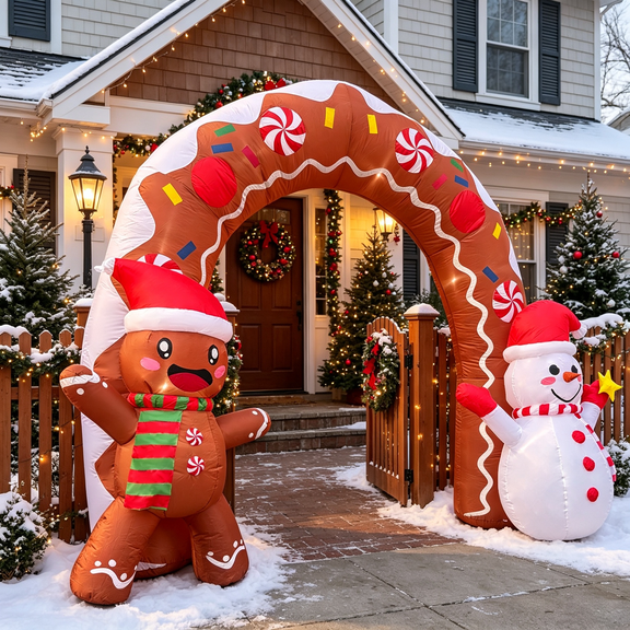 10.5 FT Christmas Inflatable Archway, Blow Up Arch with Waving Cute Gingerbread Man with Santa Hat & Scarf and Lovely Snowman Holding Star, Xmas Arch for Yard Patio Garden Holiday Party Decor